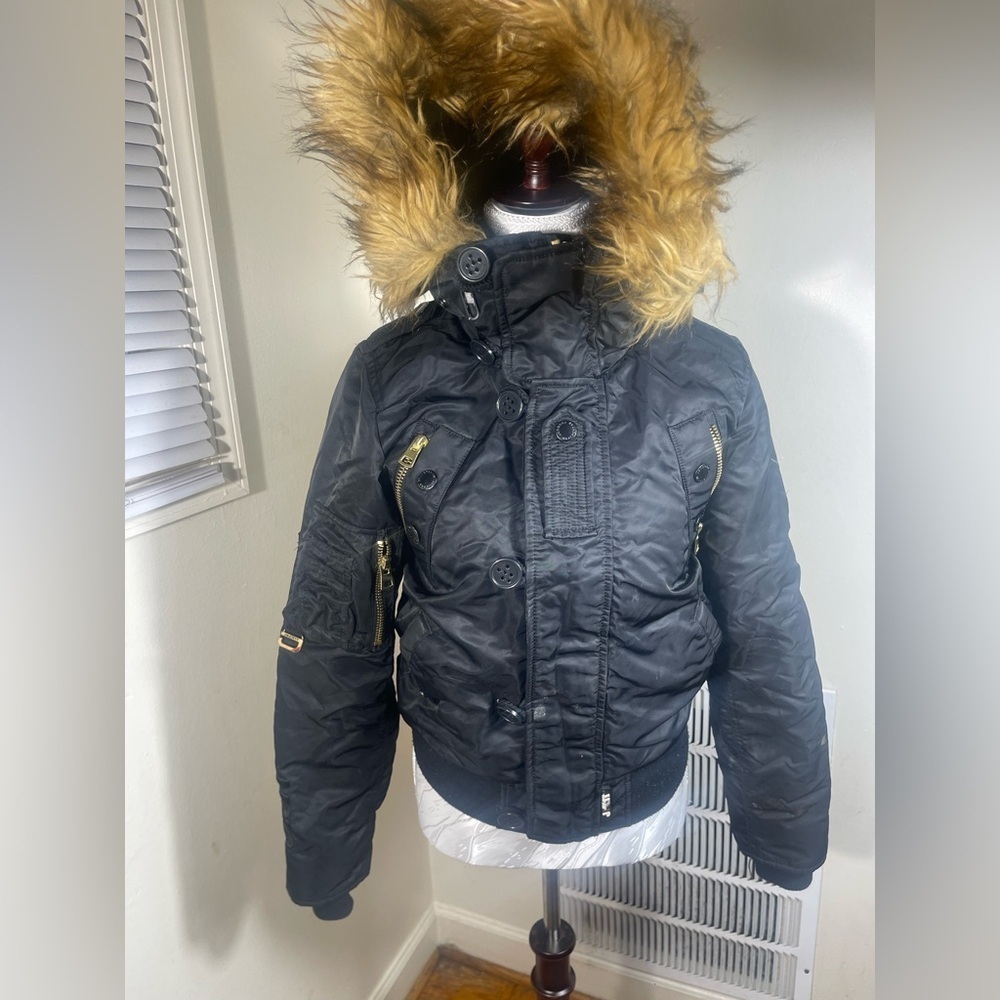 Black hooded bomber Jacket with Gold Accents